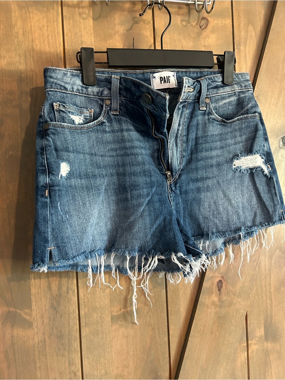 PAIGE Dark Blue Distressed Denim Cutoff Shorts - Picture 2 of 7